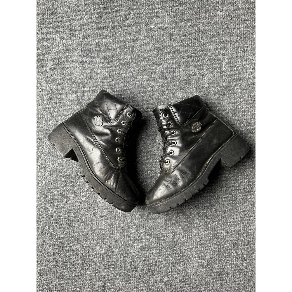 Womens Leather Harley-Davidson Black Lace-Up Platform Boots, Size US 8